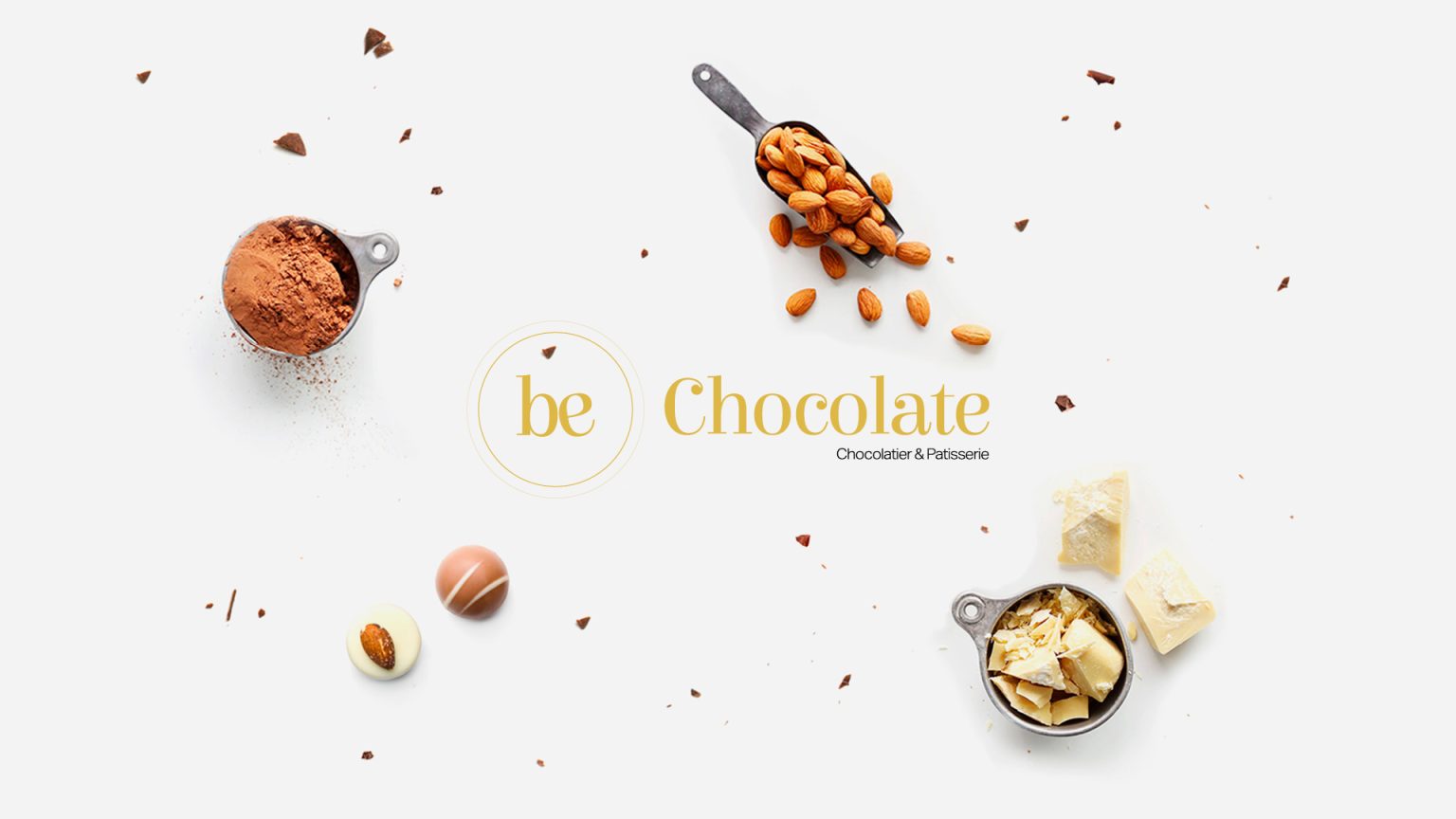 be Chocolate logo with chocolates and patisserie ingredients