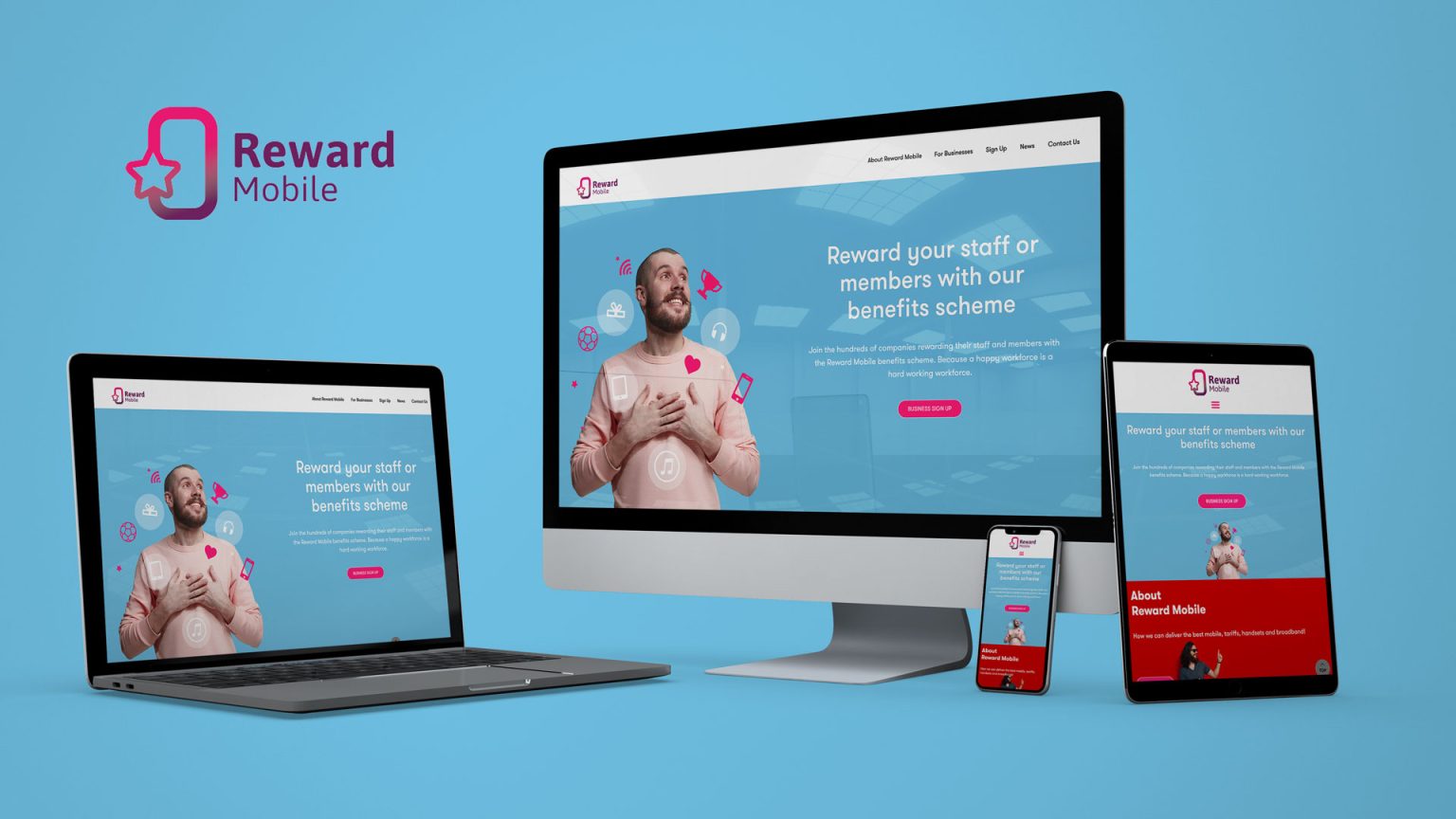 Reward Mobile website shown on desktop, laptop, tablet and phone screens