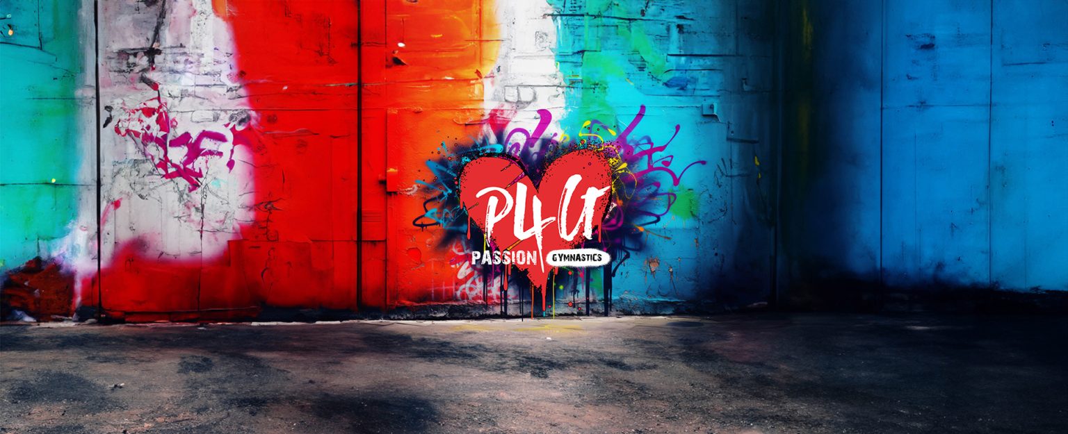 Passion for Gymnastics logo on a colourful graffiti-style wall