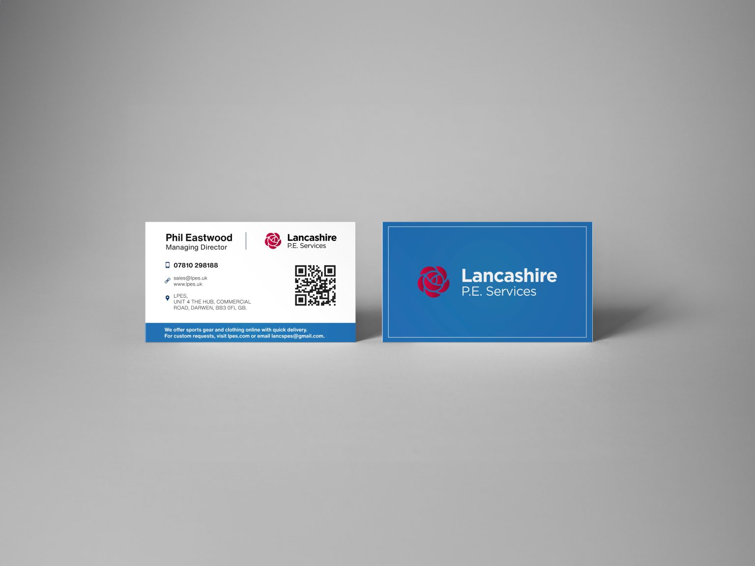 Lancashire PE Services business cards, front and back